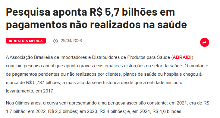 Matéria: pesquisa aponta R$ 5,7 bilhões em pagamentos não realizados na saúde
