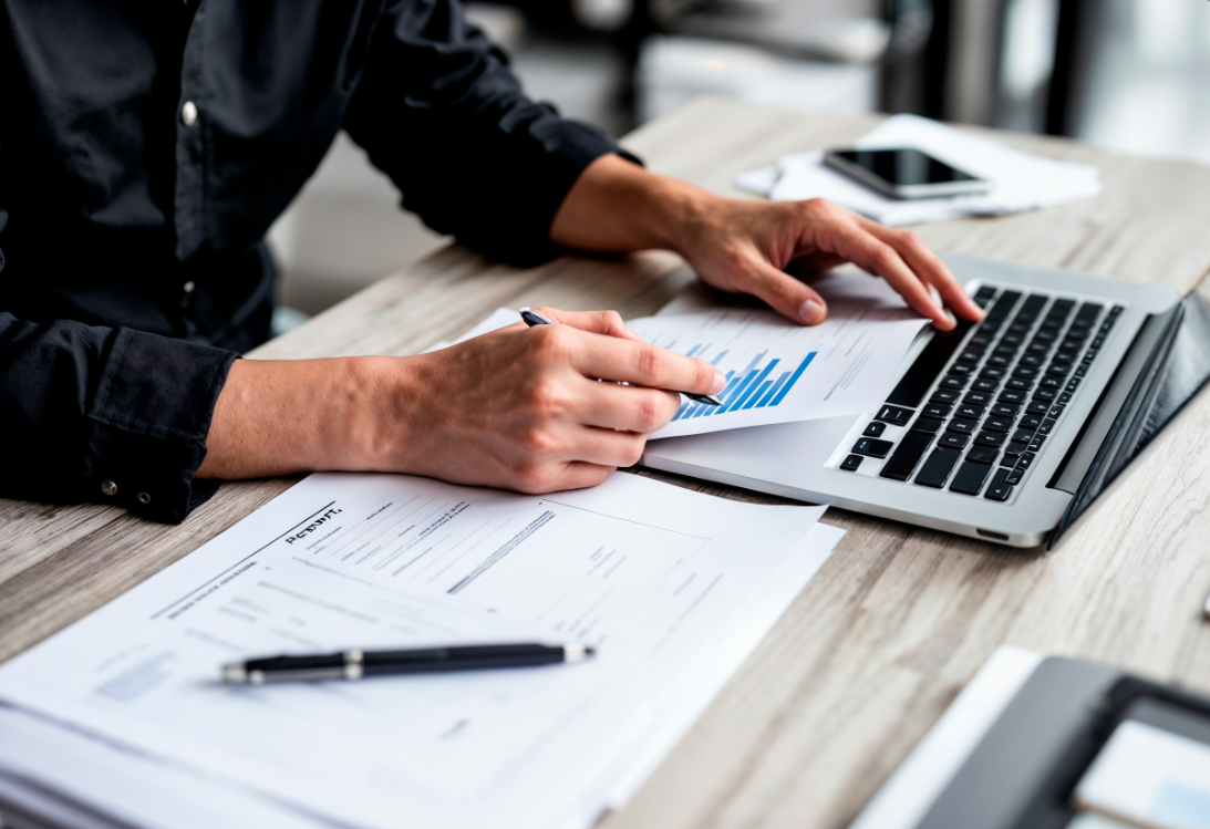 Profissional conferindo documentos financeiros e contas em uma mesa de trabalho